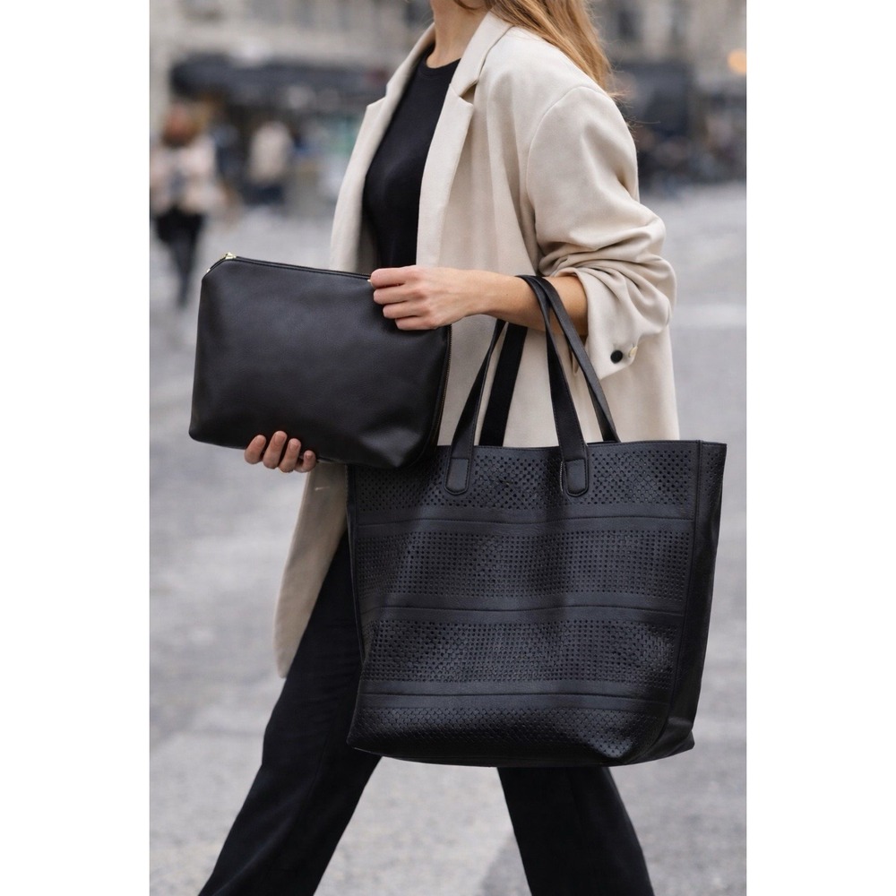 Anthropologie Perforated Leather Tote Bag Black NWT Large Shopper + Pouch